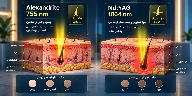 مقایسه لیزر الکساندرایت ۷۵۵ نانومتر و Nd:YAG ۱۰۶۴ نانومتر از نظر نفوذ در پوست، جذب ملانین و تناسب با تیپ‌های پوستی مختلف